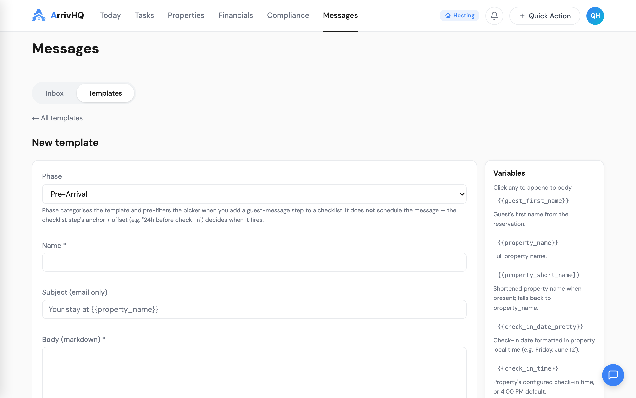 The message template editor, with the variables you can personalize