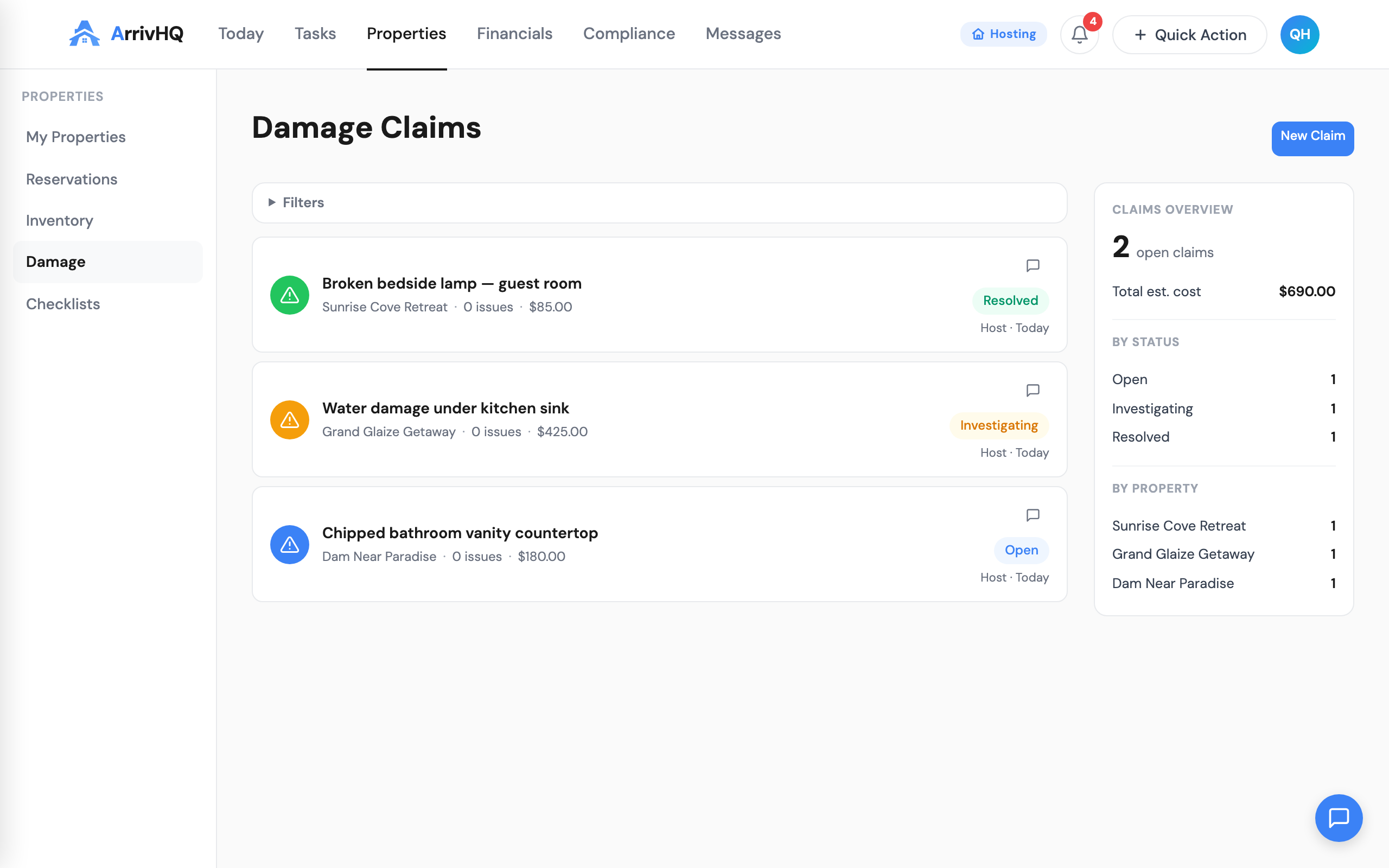 Damage claim detail with Message button